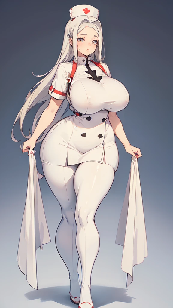 ((blank background)), masterpiece, best quality, silver hair, (curvy:1.7), (massive breast:1.5), ((full body framing)), (long legs:1.6), symmetry, nurse woman, nurse uniform
nurse cap, short skirt