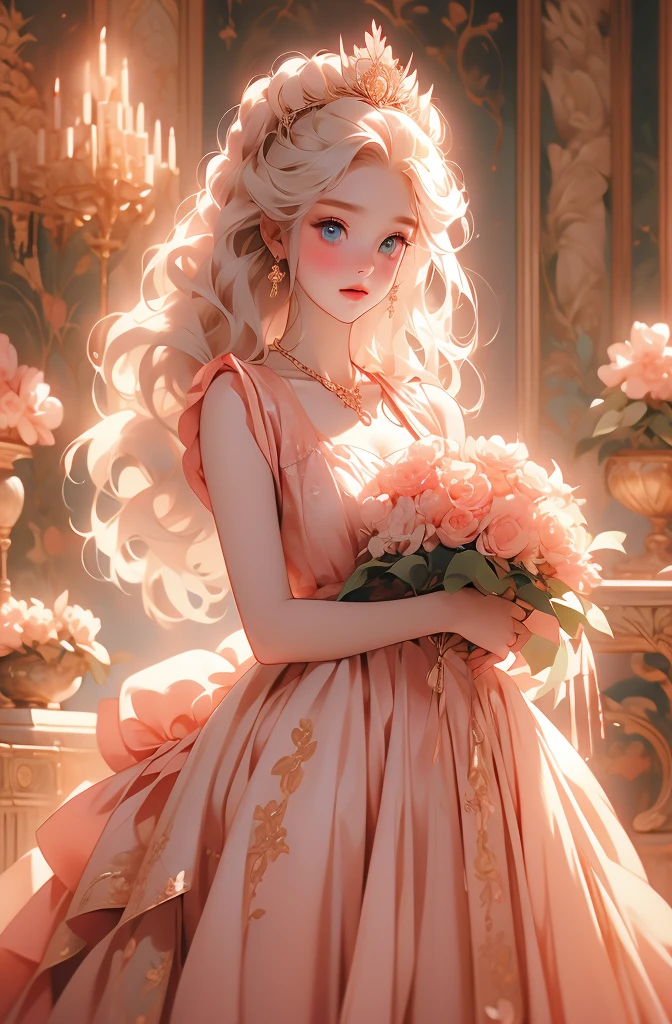 White Blonde hair, fluffy hair, stylish hair, long hair, lilac eyes, perfect eyes, beautiful, perfect face, tween, dainty , short, kind, curvy, a flowing pale airy gown with ruffles along the bottom with tiny pink flowers and gold dragon embroideries with flowers, Her tiara had a pretty teal gemstones, silver necklace, noble class, royal, royalty, red castle, feasting hall, medieval, elegant surroundings, soft dewy makeup look, light peach blush, soft tan eyeshadow, light coral lipstick, cutesy, girlish, girly, guileless, ingénue, princess , whimsical lighting, Targaryen, dragons in the sky, photorealistic
