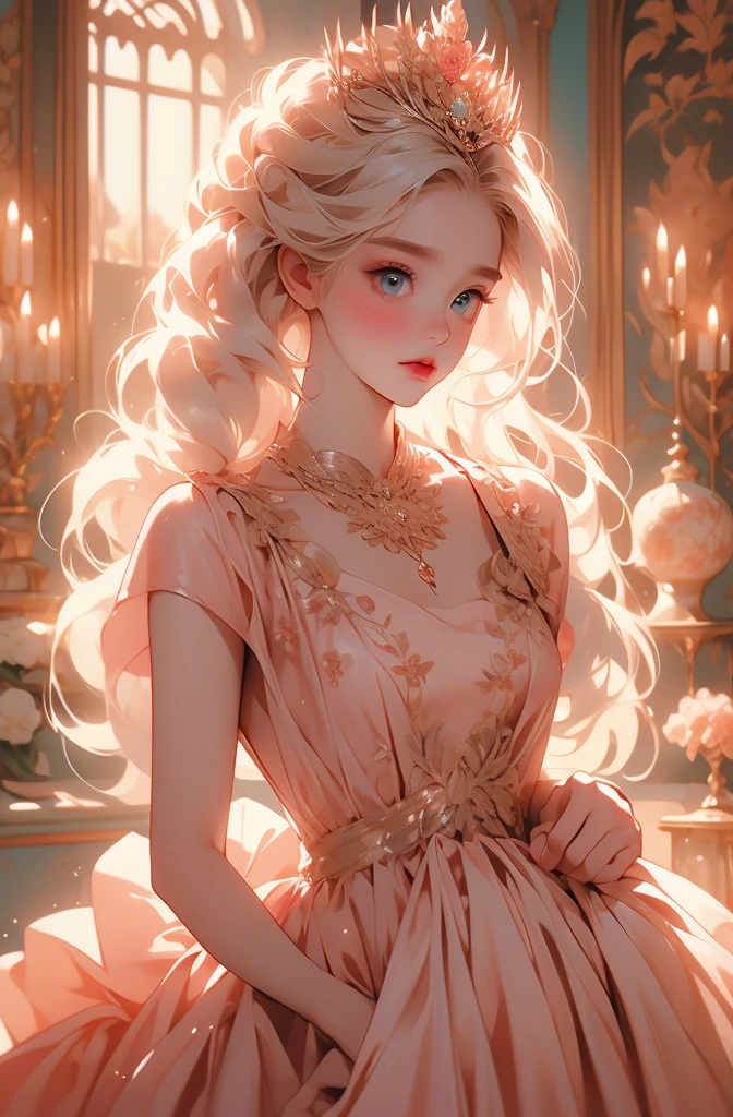 White Blonde hair, fluffy hair, stylish hair, long hair, lilac eyes, perfect eyes, beautiful, perfect face, tween, dainty , short, kind, curvy, a flowing pale airy gown with ruffles along the bottom with tiny pink flowers and gold dragon embroideries with flowers, Her tiara had a pretty teal gemstones, silver necklace, noble class, royal, royalty, red castle, feasting hall, medieval, elegant surroundings, soft dewy makeup look, light peach blush, soft tan eyeshadow, light coral lipstick, cutesy, girlish, girly, guileless, ingénue, princess , whimsical lighting, Targaryen, dragons in the sky, photorealistic
