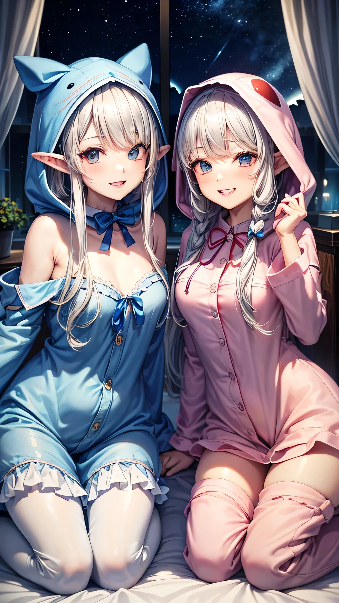 (Kigurumi pajamas style) (twins elf in a detailed:1.2 Whale hooded, whale kigurumi), (69 yo, straight silver hair long hair cut elf twins woman, detailed silver eyes, grin smile), break, in the lovely bedroom of night, BREAK, masterpiece, best quality, 16k, beautiful detailed night, daydreaming expression.