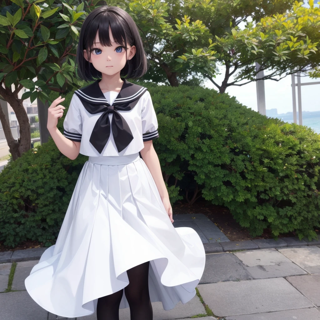 1 Girl, cute, (View your viewers:1.0), detaileds sky, ((masterpiece:1.4, Highest quality)), multiple detaileds, eye shadow, SFW, (Medium Shot:1.5), Gradient eyes,
roller:addition_detailed:0.8>,  (Black Pantyhose:1.2), Straight, 
One girl, Have, Sailor, Branch Eyes, short hair, Black Hair, Sailor collar, White shirt, Semi-transparent white long skirt, Knee-length skirt, Murasa Minamitsu, hishaku