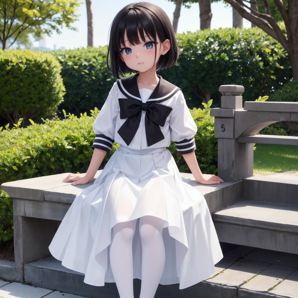 1 Girl, cute, (View your viewers:1.0), detaileds sky, ((masterpiece:1.4, Highest quality)), multiple detaileds, eye shadow, SFW, (Medium Shot:1.5), Gradient eyes,
roller:addition_detailed:0.8>,  (Black Pantyhose:1.2), Straight, 
One girl, Have, Sailor, Branch Eyes, short hair, Black Hair, Sailor collar, White shirt, Semi-transparent white long skirt, Knee-length skirt, Murasa Minamitsu, hishaku