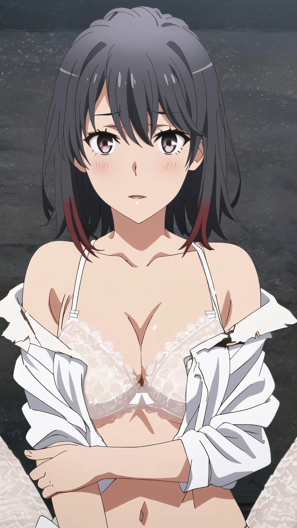 {Yukinoshita_Haruno_yahariorenoseishunlovecomewamachigatteiru:1.15},black hair, pink_eyes, , 1 girl,,alone, hair between eyes,(torn clothes,White , white lace bra:1.5),, bare shoulders,, cleavage,thighhighs,short hair, ((ecstasy face:1.5)) , beautiful light, half eye closed, close up face,Reluctant, beautiful upper body, Beautiful body, beautiful character design, perfect eyes, Perfect face, expressive eyes, looking at the viewer,(lie on road),in the center of the image, official art,High Definition CG Unity, Perfect lit, bright_front_face_lit, ,(Highest_quality:1.0),4K,Super detailed, photograph, 8K, nffsw, High resolution, absurdes:1.2, kodak portrait 400, film grain, Lens flare, (lively_Farbe:1.2) (beautiful,medium breasts:1.4), (beautiful_face:1.3),(narrow_waist),blush, ((detail nipple)),,