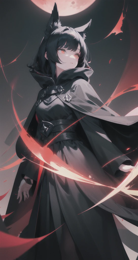 1girl, solo, 
Black hair, gradient eyes, black cloak, 
Falling out of sly, red moon, night sky, galaxy, dark
masterpiece, best quality,