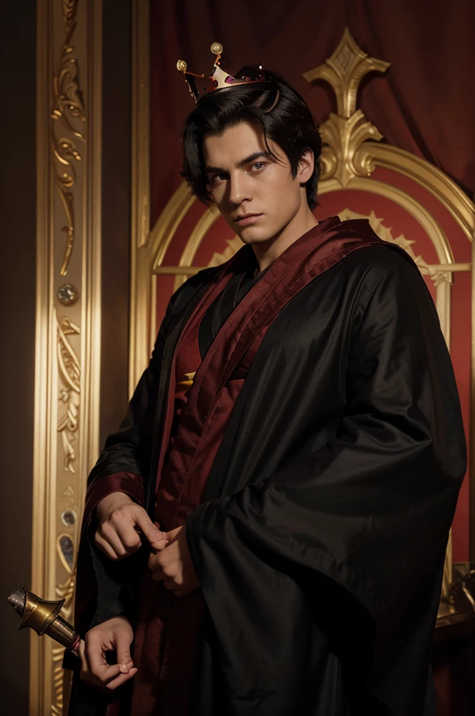 *"Make it in marvel comic panel style.a 20 year old man from the Kingdom, wearing black Royal clothes and a red robe and crown. His hair is black and red and his eyes are red and accompanied by a large red-eyed deer behind him. he was in the royal castle with a black background"*