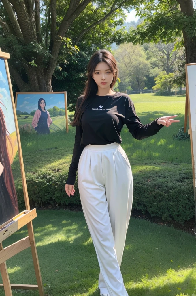 SLIMMING WOMAN IN A LONG SLEEVED PING COLOR T-SHIRT, LONG TROUSERS, HIS PANTS ARE TORN IN A COOL POSE IN FRONT OF A MAN PAINTING THE WOMAN FROM THE FRONT IN A GREEN FIELD FULL OF BIG TREES