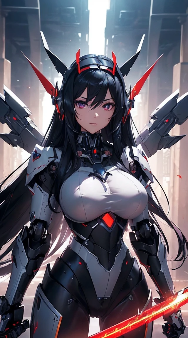 ((Shining lenses on both breasts:1.3))、((Pillars of red light radiate from both chests..:1.3))、((Attack pose:1.6))、((He has a red sword and a long rifle:1.6))、((Battle Scenes:1.8))、((8K)), ((32k)), ((Highest quality)), ((masterpiece)), ((超A high resolution)), ((Tmasterpiece)), ((Halation:1.4))、((Mechaニカルheadgear:1.2))、((Cyber headphones:1.3))Fine skin, High quality fabric, High-quality metal texture、((Beautiful and dense face))、RAW Photos、Professional, Ultra-fine painting, ((alone)), Beautiful breasts、Highest quality, Very detailed, Very detailed詳細, Finer details, so beautiful, ((Black Knight Robot:1.2)), (Joint of the machine, Mechanical Limbs:1.3), (The internal structure of the machine is exposed:1.3), (Long black hair:1.1), (Beautiful and huge mechanical breasts)、White Veil, cowboy_shot, Side Focus, headgear, Shiny、(Five Fingers, Four fingers and thumb),Concept Art, Anime fantasy artwork, Detailed fantasy art, (Has light blue-purple hair and black wings,,,,,,), (((Long black hair))), (Mecha:1.6)、Sleek and intimidating design, (Jet black perfect robot body)、Jet black and reddish purple arms, Symmetrical wings, 8K High Resolution, Detailed Art, 3D rendering of character art in 8K, neat legs, Defined, Defined fingers,((headshot:1.6))