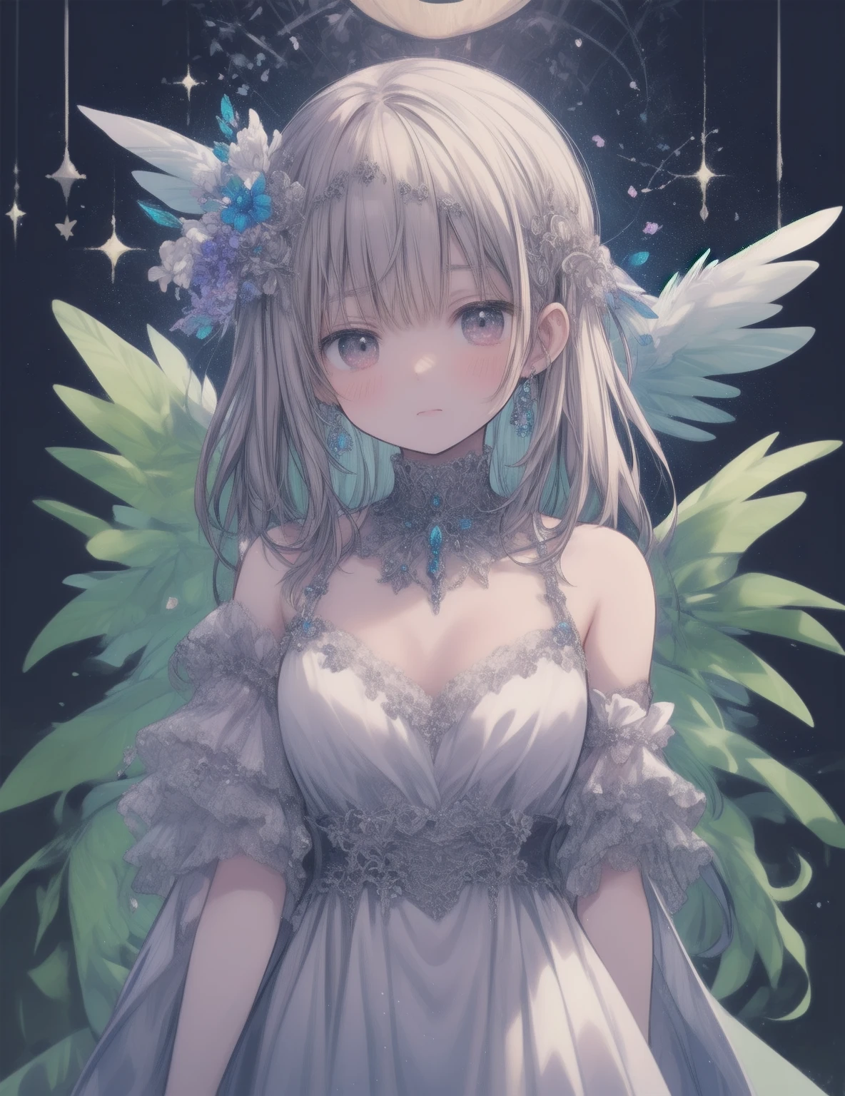 Natural light, light streaming through window, stained glass, ethereal, autumn flowers, dress, silk, satin, luster, accessories, jewelry, precious metals, gems, jewelry, soft smile, upturned cheeks, discreet shiny silver hair, standing by window, lamp light, magical atmosphere, stone wall, castle, magnificent interior