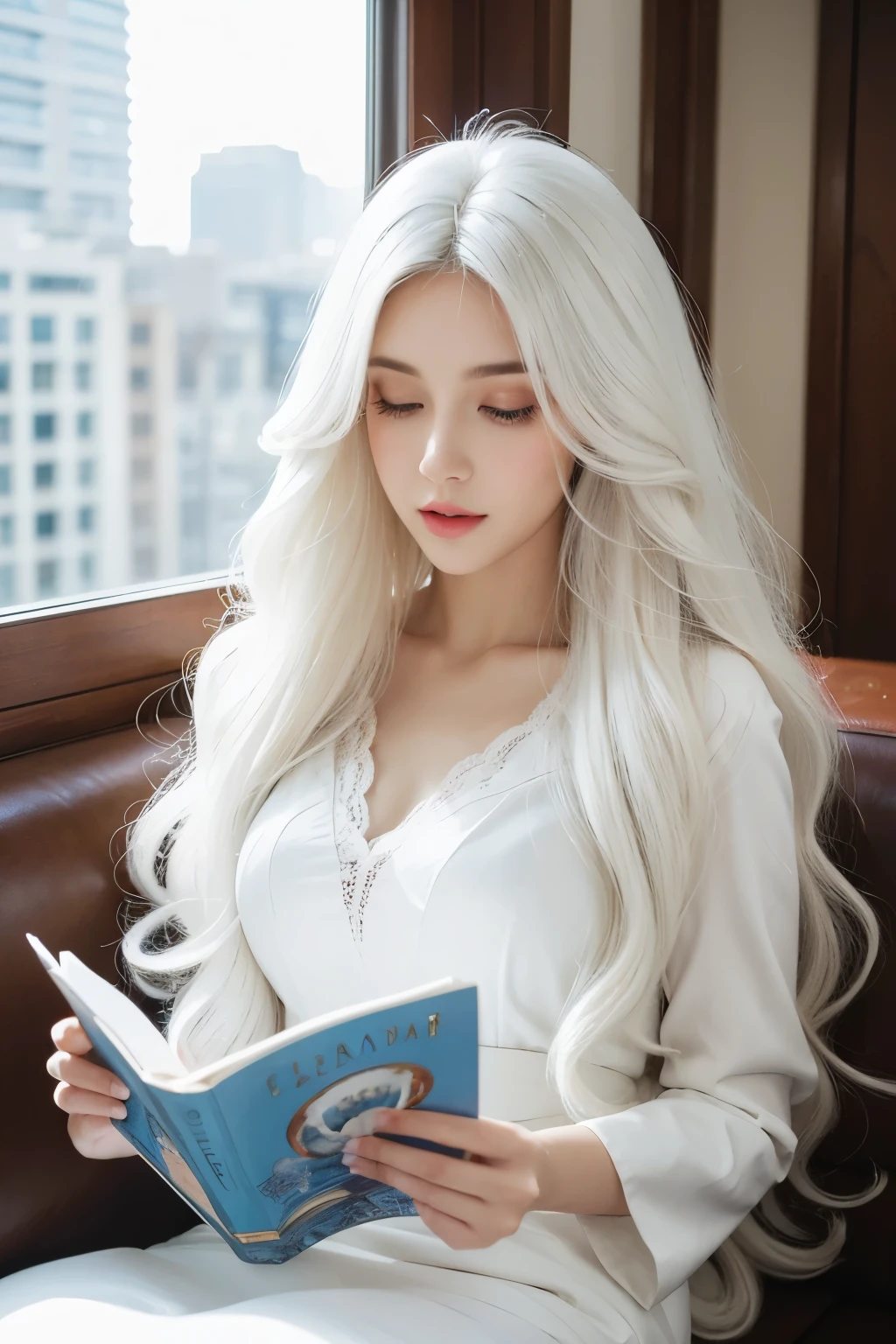 1 woman, White long curly hair，Natural and beautiful hair, clean and beautiful. White hair. Close lips. City. Elegante. Ropa elegante. Leyendo un libro. Leyendo. Libro. 