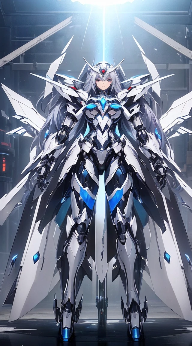 (Sit with one knee on the machine:1.6)、(Full body description:1.3)、((Shining lenses on both breasts:1.3))、((Blue pillars of light are emanating from both chests.:1.3))、smile、((8K)), ((32k)), ((Highest quality)), ((masterpiece)), ((超A high resolution)), ((Tmasterpiece)), ((Halation:1.4))、((Mechaニカルheadgear:1.2))、((Cyber headphones:1.3))、Fine skin, High quality fabric, Fine metal texture、((Beautiful and dense face))、RAW Photos、Professional, Ultra-fine painting, ((alone)), Beautiful breasts、Highest quality, Very detailed, Very detailed詳細, Finer details, so beautiful, ((Princess Knight Robot:1.2)), (Joints of machines, Mechanical Limbs:1.3), (The internal structure of the machine is exposed:1.3), (Long silver hair:1.1), (Beautiful and huge mechanical breasts)、White Veil, cowboy_shot, Side Focus, headgear, Shiny、(Five Fingers, Four fingers and thumb),Concept Art, Anime fantasy artwork, Detailed fantasy art, (with pale blue-violet hair and large white wings,,,,,,,), (((Long silver hair))), (Mecha:1.6)、Sleek and intimidating design, ((Commander-in-Chief'arm)), (Perfect robot body)、純白と青紫armまたは, Symmetrical wings, 8K high quality, detailed art, 3D rendering of character art in 8K, neat legs, Defined, Defined fingers,