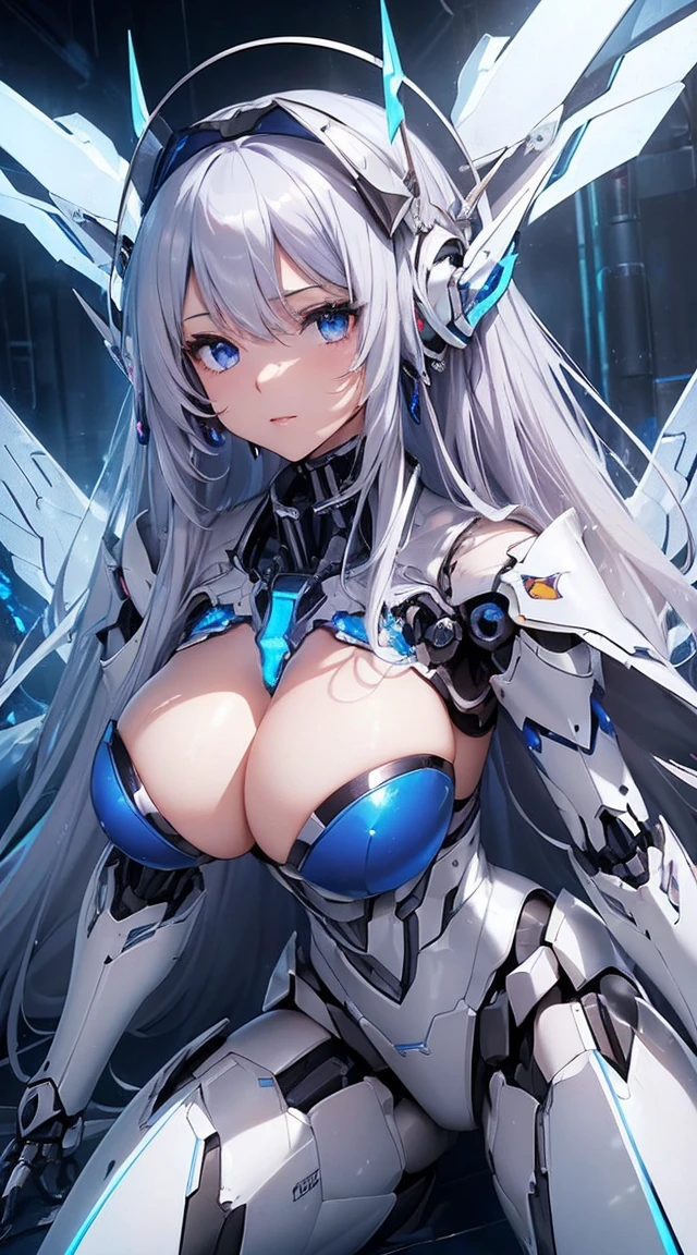 (Sit with one knee on the machine:1.6)、(Full body description:1.3)、((Shining lenses on both breasts:1.3))、((Blue pillars of light are emanating from both chests.:1.3))、smile、((8K)), ((32k)), ((Highest quality)), ((masterpiece)), ((超A high resolution)), ((Tmasterpiece)), ((Halation:1.4))、((Mechaニカルheadgear:1.2))、((Cyber headphones:1.3))、Fine skin, High quality fabric, Fine metal texture、((Beautiful and dense face))、RAW Photos、Professional, Ultra-fine painting, ((alone)), Beautiful breasts、Highest quality, Very detailed, Very detailed詳細, Finer details, so beautiful, ((Princess Knight Robot:1.2)),  (Joints of machines, Mechanical Limbs:1.3), (The internal structure of the machine is :1.3), (Long silver hair:1.1), (Beautiful and huge mechanical breasts)、White Veil, cowboy_shot, Side Focus, headgear, Shiny、(Five Fingers, Four fingers and thumb),Concept Art, Anime fantasy artwork, Detailed fantasy art, (with pale blue-violet hair and large white wings,,,,,,,), (((Long silver hair))), (Mecha:1.6)、Sleek and intimidating design, ((Commander-in-Chief'arm)), (Perfect robot body)、純白と青紫armまたは, Symmetrical wings, 8K high quality, detailed art, 3D rendering of character art in 8K, neat legs, Defined, Defined fingers,