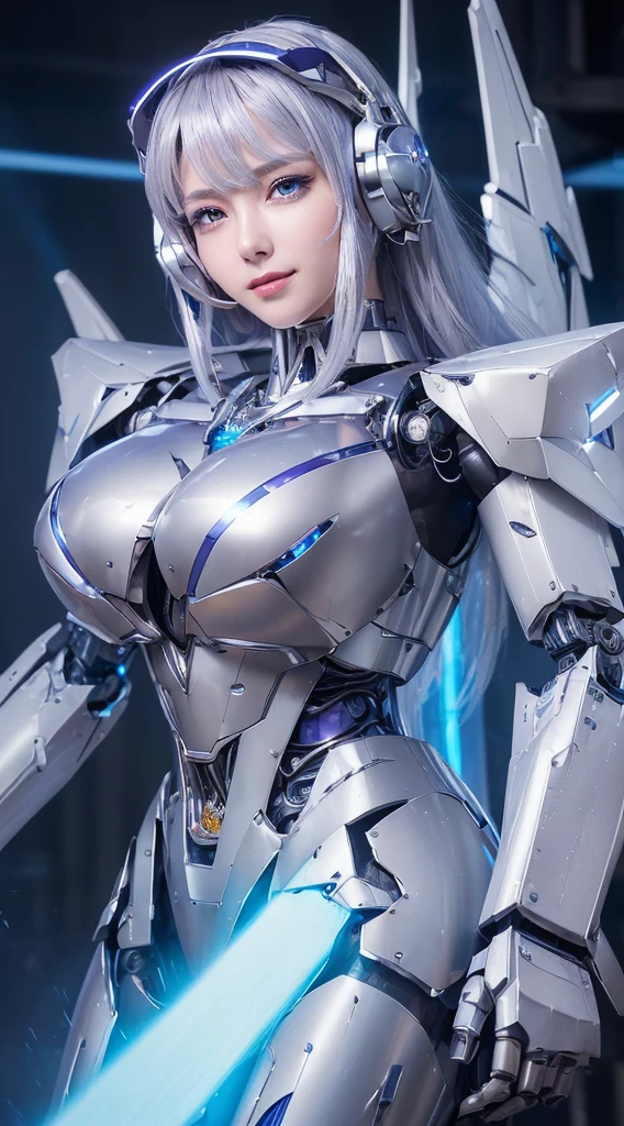 ((Intense action pose:1.6))、((Shining lenses on both breasts:1.3))、((Blue pillars of light are emanating from both chests.:1.3))、smile、((8K)), ((32k)), ((Highest quality)), ((masterpiece)), ((超A high resolution)), ((Tmasterpiece)), ((Halation:1.4))、((Mechaニカルheadgear:1.2))、((Cyber headphones:1.3))、Fine skin, High quality fabric, Fine metal texture、((Beautiful and dense face))、RAW Photos、Professional, Ultra-fine painting, ((alone)), Beautiful breasts、Highest quality, Very detailed, Very detailed詳細, Finer details, so beautiful, ((Princess Knight Robot:1.2)), (Joints of machines, Mechanical Limbs:1.3), (The internal structure of the machine is exposed:1.3), (Long silver hair:1.1), (Beautiful and huge mechanical breasts)、White Veil, cowboy_shot, Side Focus, headgear, Shiny、(Five Fingers, Four fingers and thumb),Concept Art, Anime fantasy artwork, Detailed fantasy art, (with pale blue-violet hair and large white wings,,,,,,,), (((Long silver hair))), (Mecha:1.6)、Sleek and intimidating design, ((Commander-in-Chief'arm)), (Perfect robot body)、純白と青紫armまたは, Symmetrical wings, 8K high quality, detailed art, 3D rendering of character art in 8K, neat legs, Defined, Defined fingers,