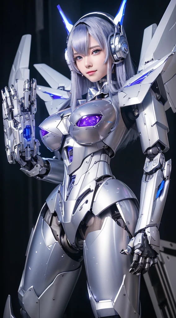 ((Intense action pose:1.6))、((Shining lenses on both breasts:1.3))、((Blue pillars of light are emanating from both chests.:1.3))、smile、((8K)), ((32k)), ((Highest quality)), ((masterpiece)), ((超A high resolution)), ((Tmasterpiece)), ((Halation:1.4))、((Mechaニカルheadgear:1.2))、((Cyber headphones:1.3))、Fine skin, High quality fabric, Fine metal texture、((Beautiful and dense face))、RAW Photos、Professional, Ultra-fine painting, ((alone)), Beautiful breasts、Highest quality, Very detailed, Very detailed詳細, Finer details, so beautiful, ((Princess Knight Robot:1.2)), (Joints of machines, Mechanical Limbs:1.3), (The internal structure of the machine is exposed:1.3), (Long silver hair:1.1), (Beautiful and huge mechanical breasts)、White Veil, cowboy_shot, Side Focus, headgear, Shiny、(Five Fingers, Four fingers and thumb),Concept Art, Anime fantasy artwork, Detailed fantasy art, (with pale blue-violet hair and large white wings,,,,,,,), (((Long silver hair))), (Mecha:1.6)、Sleek and intimidating design, ((Commander-in-Chief'arm)), (Perfect robot body)、純白と青紫armまたは, Symmetrical wings, 8K high quality, detailed art, 3D rendering of character art in 8K, neat legs, Defined, Defined fingers,
