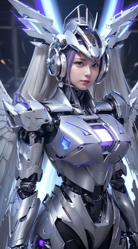 ((Intense action pose:1.6))、((Shining lenses on both breasts:1.3))、((Blue pillars of light are emanating from both chests.:1.3))、smile、((8K)), ((32k)), ((Highest quality)), ((masterpiece)), ((超A high resolution)), ((Tmasterpiece)), ((Halation:1.4))、((Mechaニカルheadgear:1.2))、((Cyber headphones:1.3))、Fine skin, High quality fabric, Fine metal texture、((Beautiful and dense face))、RAW Photos、Professional, Ultra-fine painting, ((alone)), Beautiful breasts、Highest quality, Very detailed, Very detailed詳細, Finer details, so beautiful, ((Princess Knight Robot:1.2)), (Joints of machines, Mechanical Limbs:1.3), (The internal structure of the machine is exposed:1.3), (Long silver hair:1.1), (Beautiful and huge mechanical breasts)、White Veil, cowboy_shot, Side Focus, headgear, Shiny、(Five Fingers, Four fingers and thumb),Concept Art, Anime fantasy artwork, Detailed fantasy art, (with pale blue-violet hair and large white wings,,,,,,,), (((Long silver hair))), (Mecha:1.6)、Sleek and intimidating design, ((Commander-in-Chief'arm)), (Perfect robot body)、純白と青紫armまたは, Symmetrical wings, 8K high quality, detailed art, 3D rendering of character art in 8K, neat legs, Defined, Defined fingers,