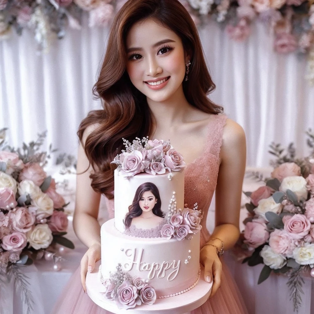 Make a very beautiful and sweet Indonesian woman, ideal body 22 years old, brown hair dressed in a soft pastel pink dress. surrounded by flowers. wearing a soft pink dress, pastel colors, tassels and ribbon ruffles, fantasy dress, wearing a soft pink dress, pastel colors, soft party dress, pastel colors, soft pink romantic tutu, pastel colors, magic dress, soft pink dress, pastel colors , in soft pastel pink or purple long dress, wearing a beautiful dress, soft pastel pink tutu, wearing a soft pastel pink romantic tutu. Both hands are holding a very beautiful and delicious-looking birthday cake with a beautiful and luxurious two-tiered design with a white base color, there is a picture of a beautiful Indonesian woman wearing a matching dress. smile softly and sweetly. The side is decorated with white mauve pink roses and small white pearls. The cake was placed on a table covered with silver cloth, and on the cake was the words "Happy Birthday" "Amel" the writing must be clear and correct