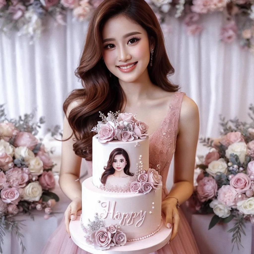 Make a very beautiful and sweet Indonesian woman, ideal body 22 years old, brown hair dressed in a soft pastel pink dress. surrounded by flowers. wearing a soft pink dress, pastel colors, tassels and ribbon ruffles, fantasy dress, wearing a soft pink dress, pastel colors, soft party dress, pastel colors, soft pink romantic tutu, pastel colors, magic dress, soft pink dress, pastel colors , in soft pastel pink or purple long dress, wearing a beautiful dress, soft pastel pink tutu, wearing a soft pastel pink romantic tutu. Both hands are holding a very beautiful and delicious-looking birthday cake with a beautiful and luxurious two-tiered design with a white base color, there is a picture of a beautiful Indonesian woman wearing a matching dress. smile softly and sweetly. The side is decorated with white mauve pink roses and small white pearls. The cake was placed on a table covered with silver cloth, and on the cake was the words "Happy Birthday" "Amel" the writing must be clear and correct