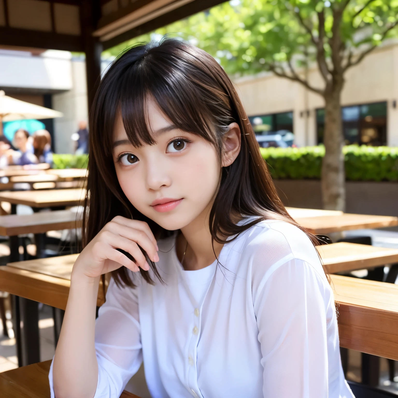 (Best-quality, Masterpiece, Ultra-High-Resolution, (Photorealistic:1.4), Raw Photo, depth of field, professional lighting, perfect , extremely details), 1girl, 15-years-old, the most famous Japanese idol, upper body, ((On outdoor terrace of Starbucks Coffee)), looking at viewer, innocent smile, wearing summer-clothes with cute-design, ((extremely cute face like the most popular Japanese idol, ((extremely cute and extremely big eyes)), extremely realistic hair, extremely beautiful and extremely realistic skins)), extremely cute long-eyelashes, extremely cute lips