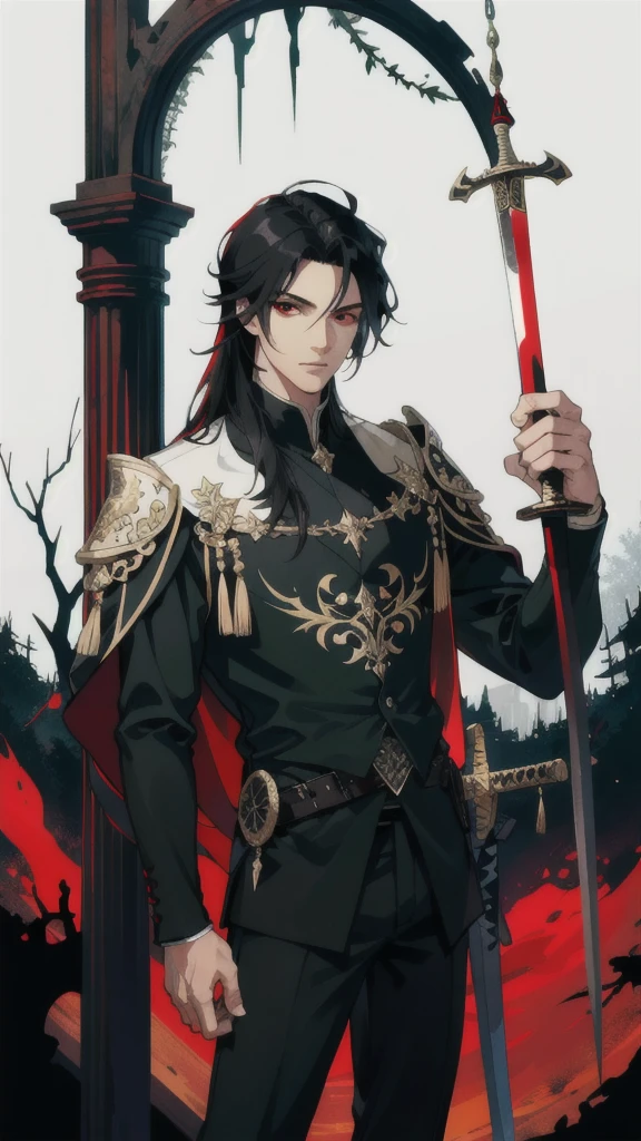 masterpiece, best quality, 1 male, handsome, finely detailed eyes, intricate details, long black hair, red eyes, sword on the back, ruinscape background, enchanted forest ruins with black background,