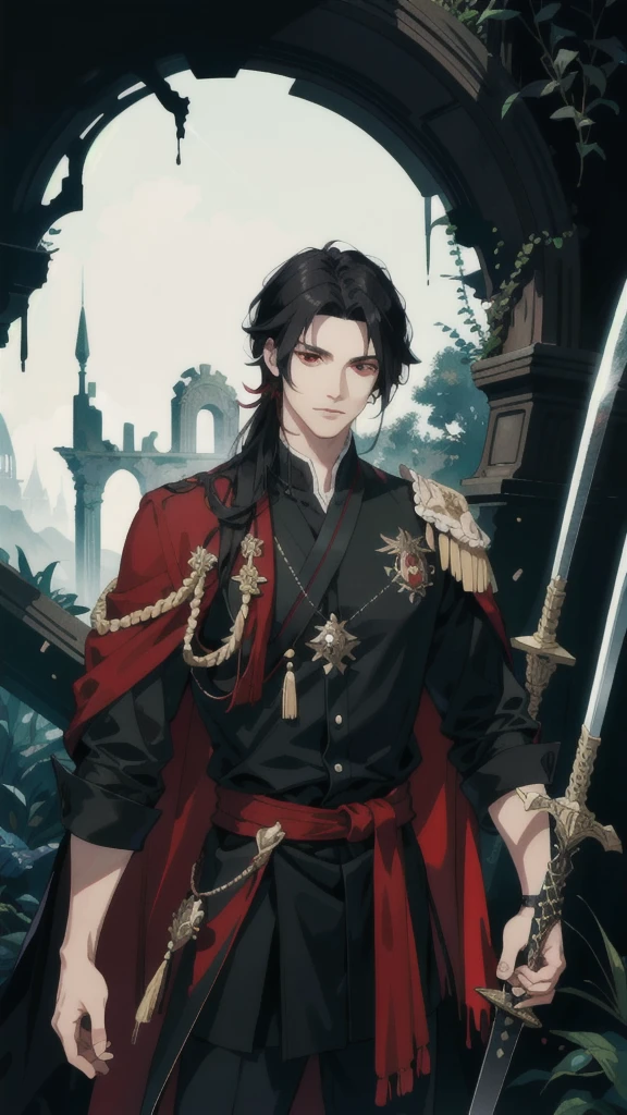 masterpiece, best quality, 1 male, handsome, finely detailed eyes, intricate details, long black hair, red eyes, sword on the back, ruinscape background, enchanted forest ruins with black background, 
