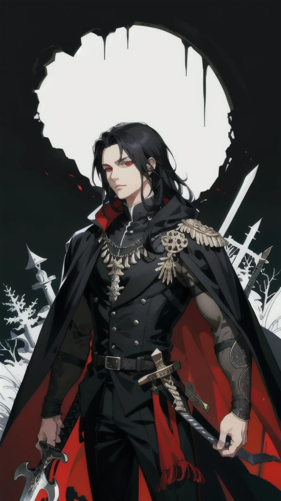 masterpiece, best quality, 1 male, handsome, finely detailed eyes, intricate details, long black hair, red eyes, sword on the back, ruinscape background, enchanted forest ruins with black background, 