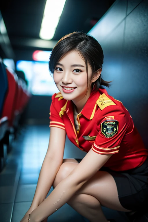 (a gorgeous lady, age 21, Flight Attendant uniform, Shenzhen Airlines Stewardess, wet white shirt, wet red mini-skirt, kneeling in a bathroom, dimpled smile, short ponytail hair, short bob hair, cute snaggle-tooth, well-endowed round bosom, long flawless legs, photorealistic, beautiful detailed eyes, beautiful detailed face, hyper-realism, high contrast, ultra HD, realistic skin textures, top image quality, top-quality, super high resolution, fine details, very meticulously, close-up shot, head to thigh, romantic night, dark bokeh background)