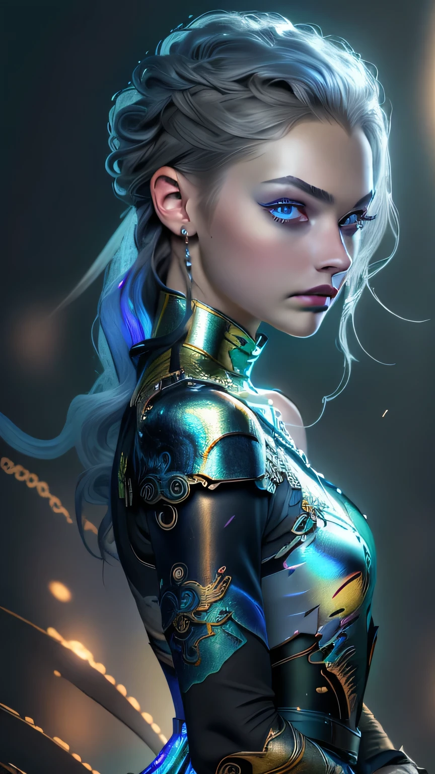 (RAW Photos, Realistic, photoRealistic), German Fairy, One girl\(change\) and (((metallic)) Iris Blue Dragon, German Girls, bread, glaring dark gRay background, dragon bread, slim, Sensia Style, Cinema Lighting, Accent lighting, Strong Rim Light, dramatic_Shadow, Ray_ trace, 8K, High resolution, (sexy, Leotard armor), masterpiece, 最high quality, high quality, High resolution､