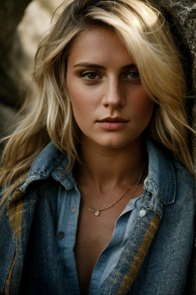 photograph of a woman, mndngwmn, textured skin, goosebumps, blonde hair, plaid flannel shirt with distressed boyfriend jeans, cowboy shot, dark and mysterious cave with unique rock formations and hidden wonders, large breasts, cleavage, perfect eyes, (candlelight,chiaroscuro), Porta 160 color, shot on ARRI ALEXA 65, bokeh, sharp focus on subject, shot by Don McCullin