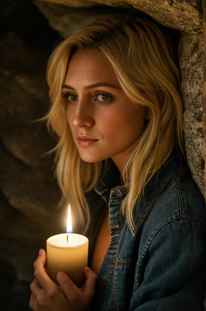 photograph of a woman, mndngwmn, textured skin, goosebumps, blonde hair, plaid flannel shirt with distressed boyfriend jeans, cowboy shot, dark and mysterious cave with unique rock formations and hidden wonders, perfect eyes, (candlelight,chiaroscuro), Porta 160 color, shot on ARRI ALEXA 65, bokeh, sharp focus on subject, shot by Don McCullin