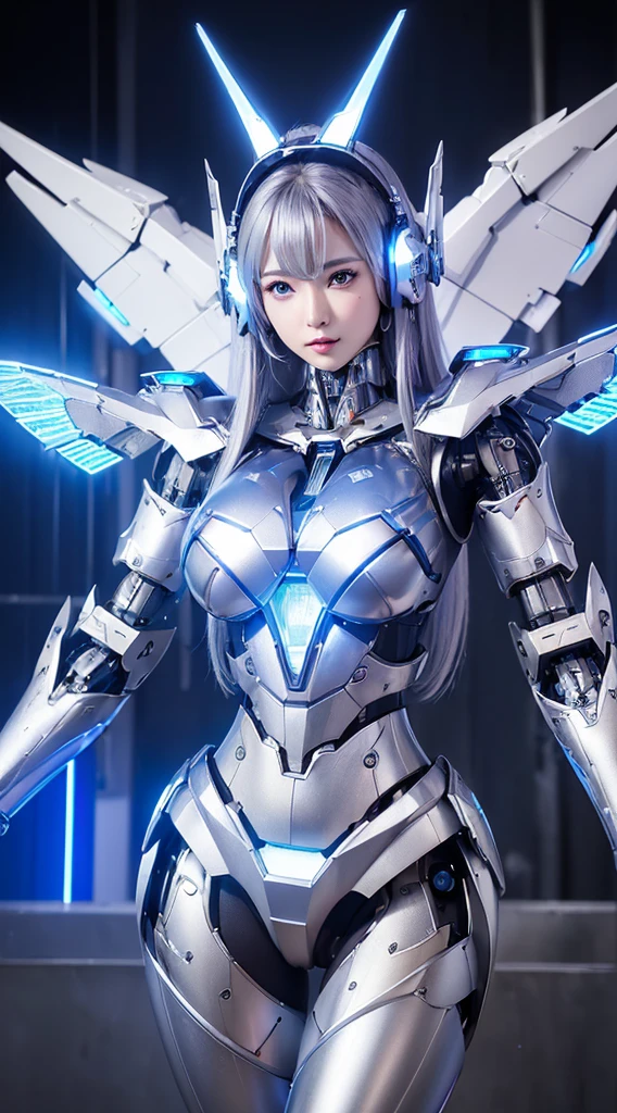 ((Intense action pose:1.6))、((Shining lenses on both breasts:1.3))、((Blue pillars of light are emanating from both chests.:1.3))、smile、((8K)), ((32k)), ((Highest quality)), ((masterpiece)), ((超A high resolution)), ((Tmasterpiece)), ((Halation:1.4))、((Mechaニカルheadgear:1.2))、((Cyber headphones:1.3))、Fine skin, High quality fabric, Fine metal texture、((Beautiful and dense face))、RAW Photos、Professional, Ultra-fine painting, ((alone)), Beautiful breasts、Highest quality, Very detailed, Very detailed詳細, Finer details, so beautiful, ((Princess Knight Robot:1.2)), (Joints of machines, Mechanical Limbs:1.3), (The internal structure of the machine is exposed:1.3), (Long silver hair:1.1), (Beautiful and huge mechanical breasts)、White Veil, cowboy_shot, Side Focus, headgear, Shiny、(Five Fingers, Four fingers and thumb),Concept Art, Anime fantasy artwork, Detailed fantasy art, (with pale blue-violet hair and large white wings,,,,,,,), (((Long silver hair))), (Mecha:1.6)、Sleek and intimidating design, ((Commander-in-Chief'arm)), (Perfect robot body)、純白と青紫armまたは, Symmetrical wings, 8K high quality, detailed art, 3D rendering of character art in 8K, neat legs, Defined, Defined fingers,