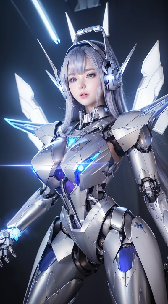 ((Intense action pose:1.6))、((Shining lenses on both breasts:1.3))、((Blue pillars of light are emanating from both chests.:1.3))、smile、((8K)), ((32k)), ((Highest quality)), ((masterpiece)), ((超A high resolution)), ((Tmasterpiece)), ((Halation:1.4))、((Mechaニカルheadgear:1.2))、((Cyber headphones:1.3))、Fine skin, High quality fabric, Fine metal texture、((Beautiful and dense face))、RAW Photos、Professional, Ultra-fine painting, ((alone)), Beautiful breasts、Highest quality, Very detailed, Very detailed詳細, Finer details, so beautiful, ((Princess Knight Robot:1.2)), (Joints of machines, Mechanical Limbs:1.3), (The internal structure of the machine is exposed:1.3), (Long silver hair:1.1), (Beautiful and huge mechanical breasts)、White Veil, cowboy_shot, Side Focus, headgear, Shiny、(Five Fingers, Four fingers and thumb),Concept Art, Anime fantasy artwork, Detailed fantasy art, (with pale blue-violet hair and large white wings,,,,,,,), (((Long silver hair))), (Mecha:1.6)、Sleek and intimidating design, ((Commander-in-Chief'arm)), (Perfect robot body)、純白と青紫armまたは, Symmetrical wings, 8K high quality, detailed art, 3D rendering of character art in 8K, neat legs, Defined, Defined fingers,