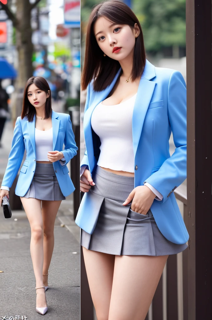 a 20 year old woman in skirt suit, she is the most beautiful actress in the world, her detailed face, the perfect proportions of her body, tight blazer is worn with shirt on her upperbody, the perfect shape of her covered , her detailed , shirt skirt is worn with on her lower body, between her legs under short skirt, are able to be seen a littleshe is standing, at the city street, , best quality, highly detailed, masterpiece, ultra high res, photo realistic, 8k