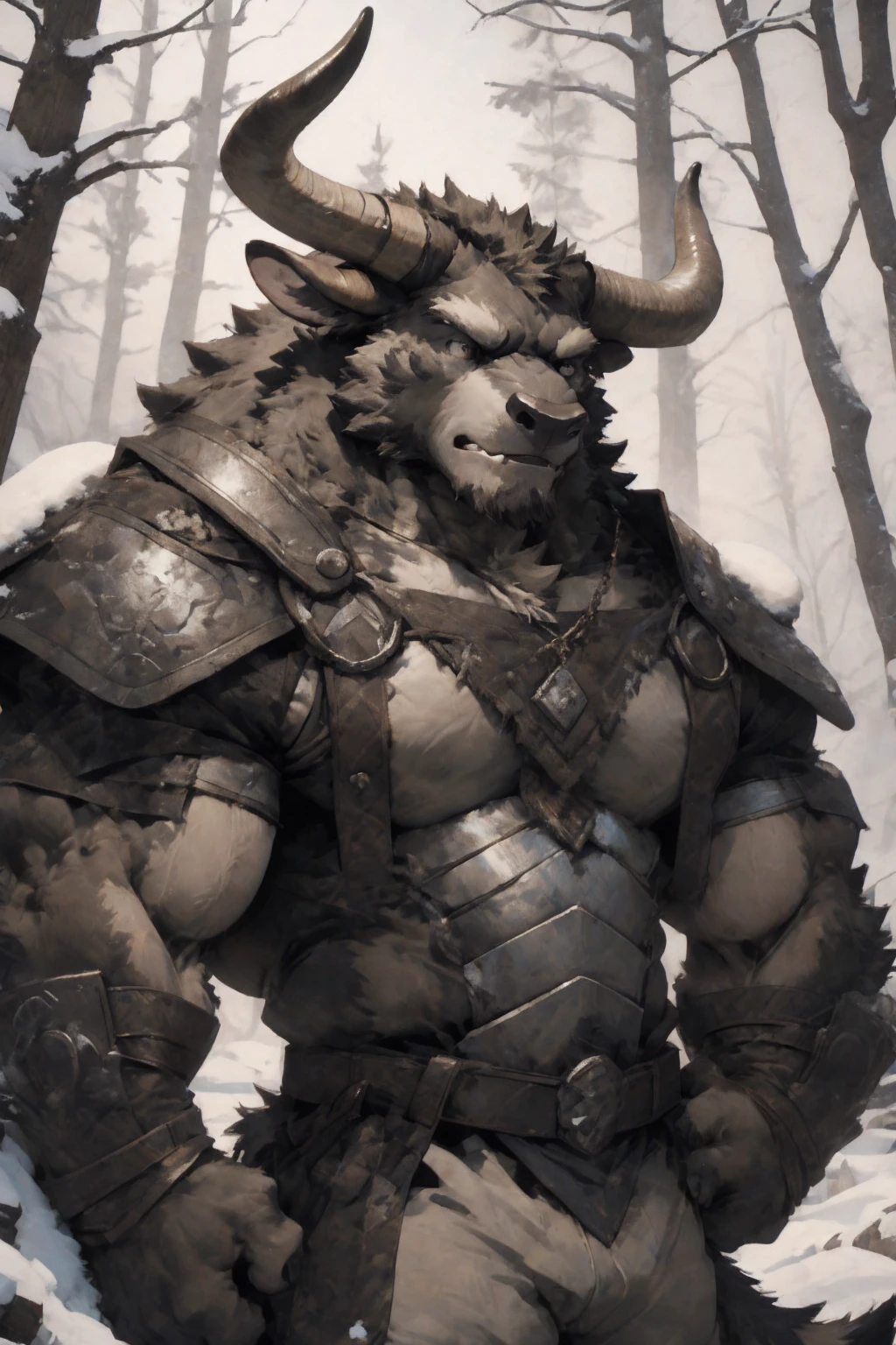 Minotaur, solo, muscular, perfect_eyes, perfect_face, abs, big_chest,wide_body, muscular_arms, winter, snowforest_background, solo, minotaur, angry, half_body, close_up, manly, man, muscular, brown_horns, big_eyes, orange_eyes, glowing_eyes, bara_body,hyper_muscles, hyper_chest, hyper_muscular_body, huge,forest, snow,snowy_forest, armor_pants, half_body,closeup, medieval_armor ,iron armor,armor,canines, moth_closed, angry,serious, HD, 4k, high_detailed_background, sunbeam,by kenket, bydarkgem, by miosha, bull, monster
