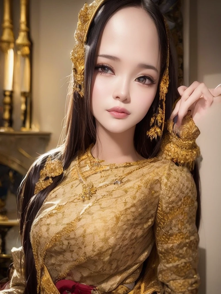 (masterpiece, best quality:1.2), 1girl, solo, thai girl, thai dress, dress, big breasts, beautiful detailed eyes, beautiful detailed lips, extremely detailed face and eyes, long eyelashes, flowing hair, intricate clothing details, photorealistic, 8k, natural lighting, warm color tones, fantasy art, cinematic lighting