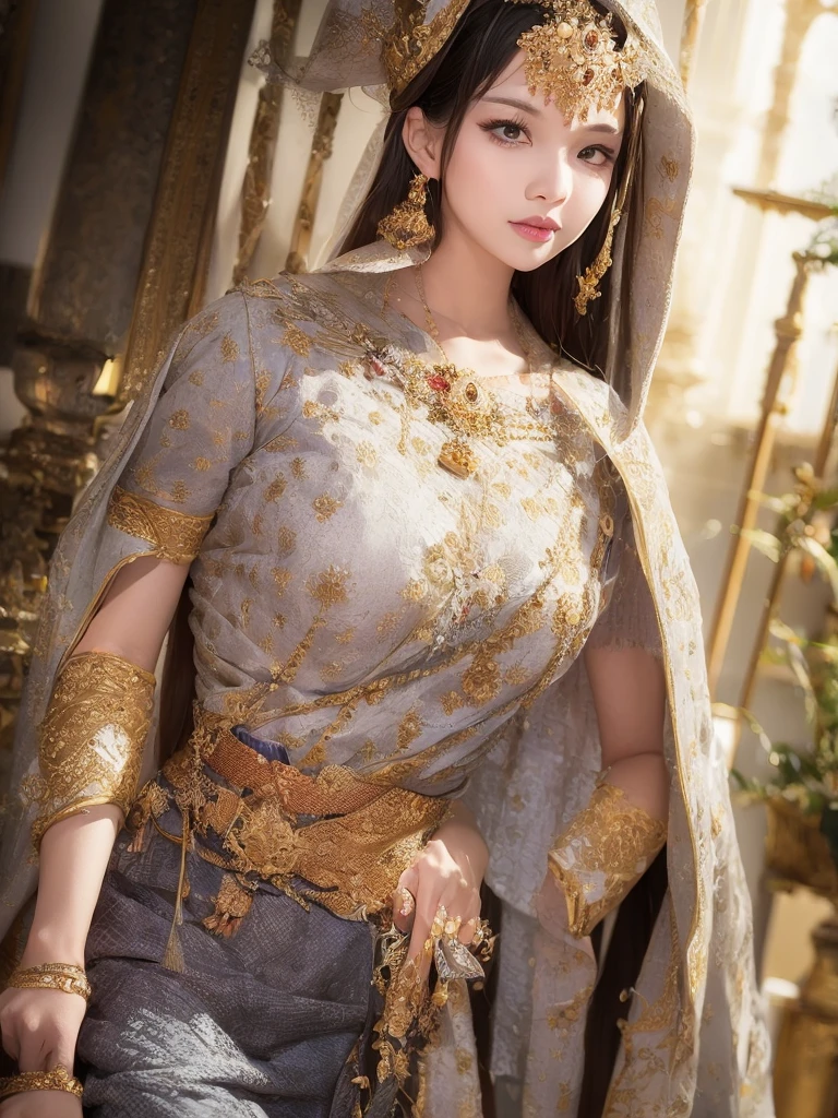 (masterpiece, best quality:1.2), 1girl, solo, thai girl, thai dress, dress, big breasts, beautiful detailed eyes, beautiful detailed lips, extremely detailed face and eyes, long eyelashes, flowing hair, intricate clothing details, photorealistic, 8k, natural lighting, warm color tones, fantasy art, cinematic lighting