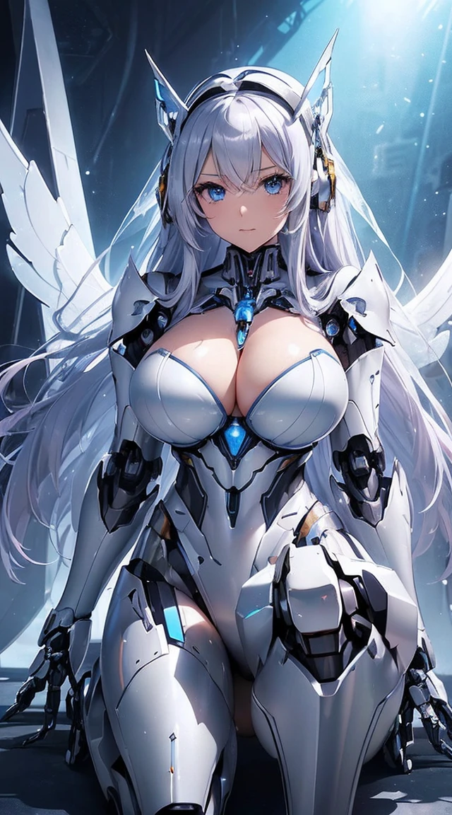 (Sit with one knee on the machine:1.6)、(Full body description:1.3)、((Shining lenses on both breasts:1.3))、((Blue pillars of light are emanating from both chests.:1.3))、smile、((8K)), ((32k)), ((Highest quality)), ((masterpiece)), ((超A high resolution)), ((Tmasterpiece)), ((Halation:1.4))、((Mechaニカルheadgear:1.2))、((Cyber headphones:1.3))、Fine skin, High quality fabric, Fine metal texture、((Beautiful and dense face))、RAW Photos、Professional, Ultra-fine painting, ((alone)), Beautiful breasts、Highest quality, Very detailed, Very detailed詳細, Finer details, so beautiful, ((Princess Knight Robot:1.2)), (Joints of machines, Mechanical Limbs:1.3), (The internal structure of the machine is exposed:1.3), (Long silver hair:1.1), (Beautiful and huge mechanical breasts)、White Veil, cowboy_shot, Side Focus, headgear, Shiny、(Five Fingers, Four fingers and thumb),Concept Art, Anime fantasy artwork, Detailed fantasy art, (with pale blue-violet hair and large white wings,,,,,,,), (((Long silver hair))), (Mecha:1.6)、Sleek and intimidating design, ((Commander-in-Chief'arm)), (Perfect robot body)、純白と青紫armまたは, Symmetrical wings, 8K high quality, detailed art, 3D rendering of character art in 8K, neat legs, Defined, Defined fingers,