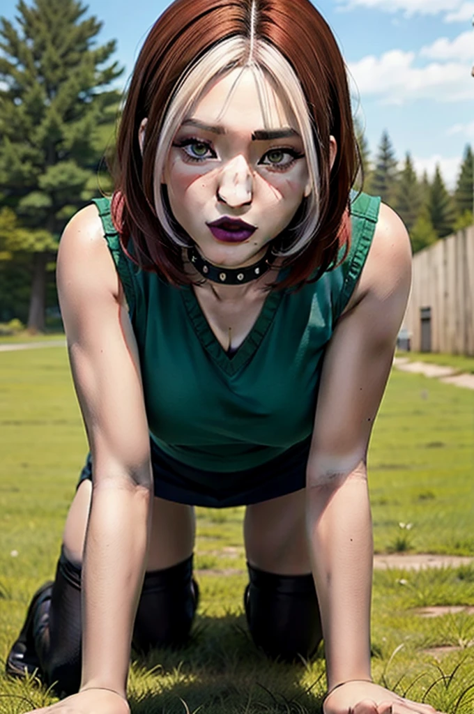 (masterpiece, best quality, ultra-detailed), 1girl, RogueXME, two-tone hair, (red hair), white bangs, green eyes, purple makeup, purple lipstick, choker, studded collar, medium breasts, green shirt, black skirt, mini skirt, all fours, grass, trees