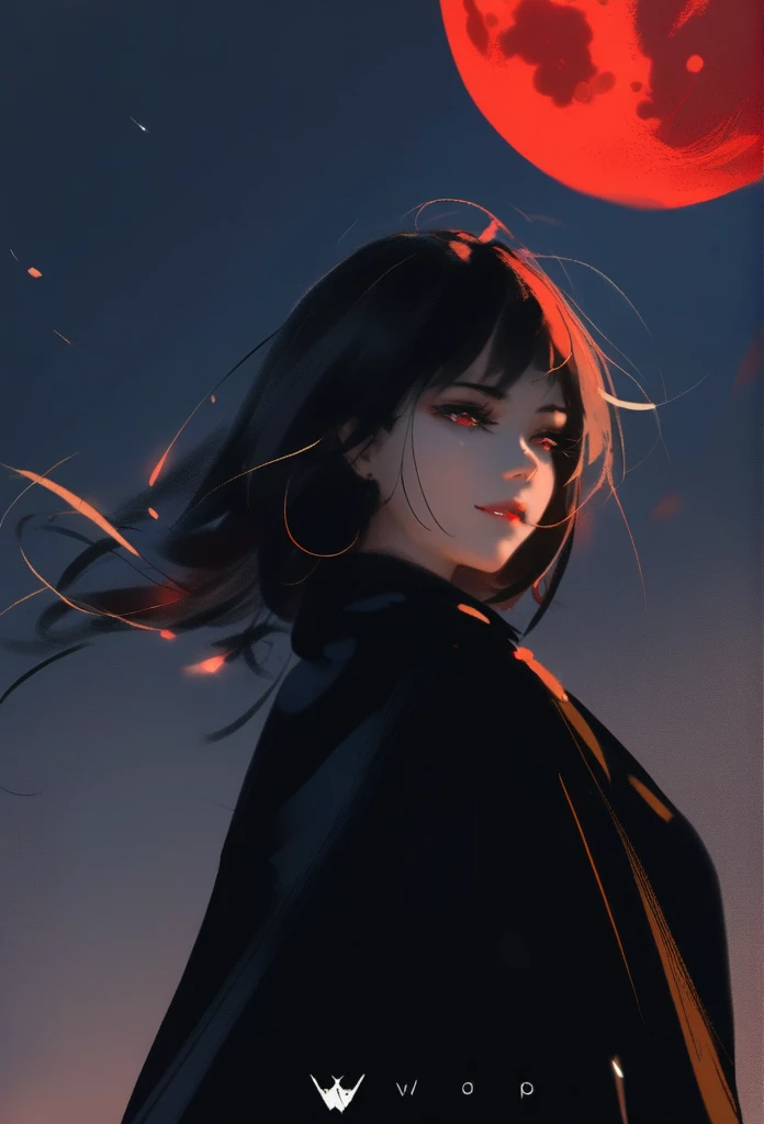1girl, solo, wlop,
Black hair, gradient eyes, black cloak, seductive smile,
Falling out of the sky, red moon, night sky, cloudy
masterpiece, best quality,