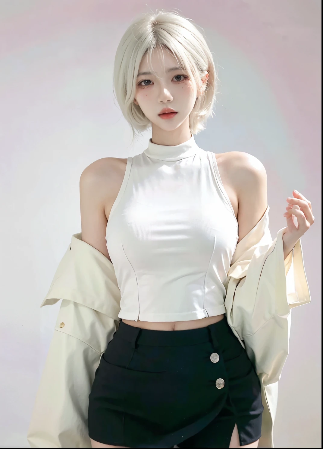 Beautiful woman with perfect figure:1.4，Ultra-high resolution，White background，（Realism:1.4)，Layered hairstyle，White skin，JK:1.5，Super short pleated skirt，whole body：1.4，Very delicate and skin texture，Double eyelids，Skin Whitening，short hair，White hair
