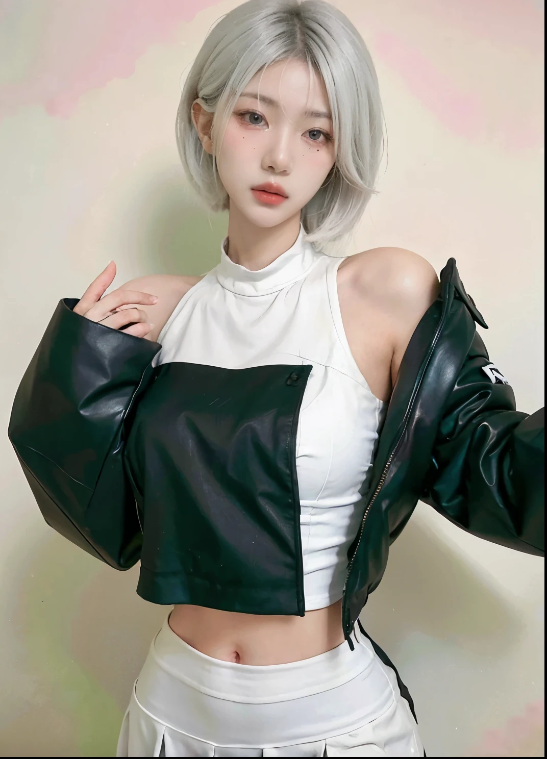 Beautiful woman with perfect figure:1.4，Ultra-high resolution，White background，（Realism:1.4)，Layered hairstyle，White skin，JK:1.5，Super short pleated skirt，whole body：1.4，Very delicate and skin texture，Double eyelids，Skin Whitening，short hair，White hair
