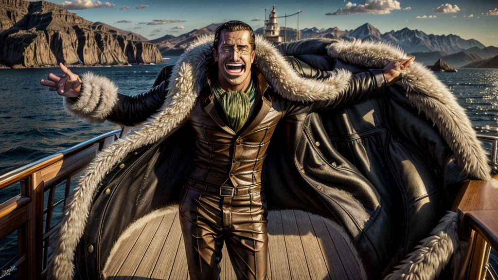 masterpiece, best quality, extremely detailed, hyperrealistic, photorealistic, a cool 40s man, ultra detailed face:1.2, fur-trimmed coat, scarf around the neck, cigar, on detailed yacht, sea, laughing, standing, dynamic pose
