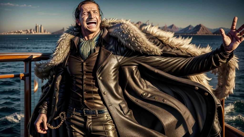 masterpiece, best quality, extremely detailed, hyperrealistic, photorealistic, a cool 40s man, ultra detailed face:1.2, fur-trimmed coat, scarf around the neck, cigar, on detailed yacht, sea, laughing, standing, dynamic pose