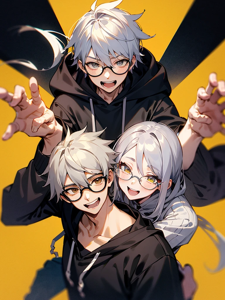 (male , Glasses,Laughter, Silver Hair,Black hoodie),Yellow background,一人のmaleの子