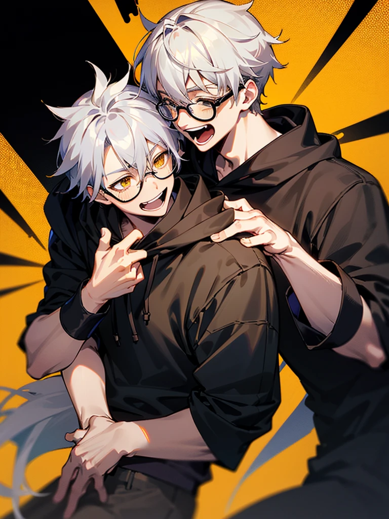 (male , Glasses,Laughter, Silver Hair,Black hoodie),Yellow background,一人のmaleの子