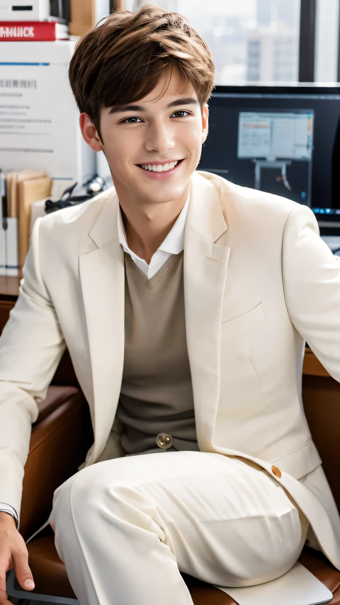 Highest quality, masterpiece, Ultra-high resolution, (Realistic:1.4), RAW Photos, Handsome young man in a white suit, Brown Hair, Modern Office, smile,