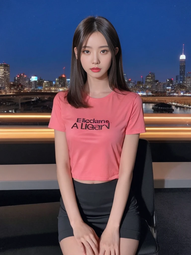 ((Midnight, Acura, 8K, masterpiece: 1.3)), Esbian all over, Long legs, Four Colors: 1.2, Beautiful woman with perfect figure: 1.4, Slim Abs: 1.1, (Dark brown hair,: 1.2 )), (Pink skinny t-shirt, Short skirt,Sit on a chair: 1.2), (City night view, here: 1.3)), Highly detailed face and skin texture, Detailed eyes, double eyelid,