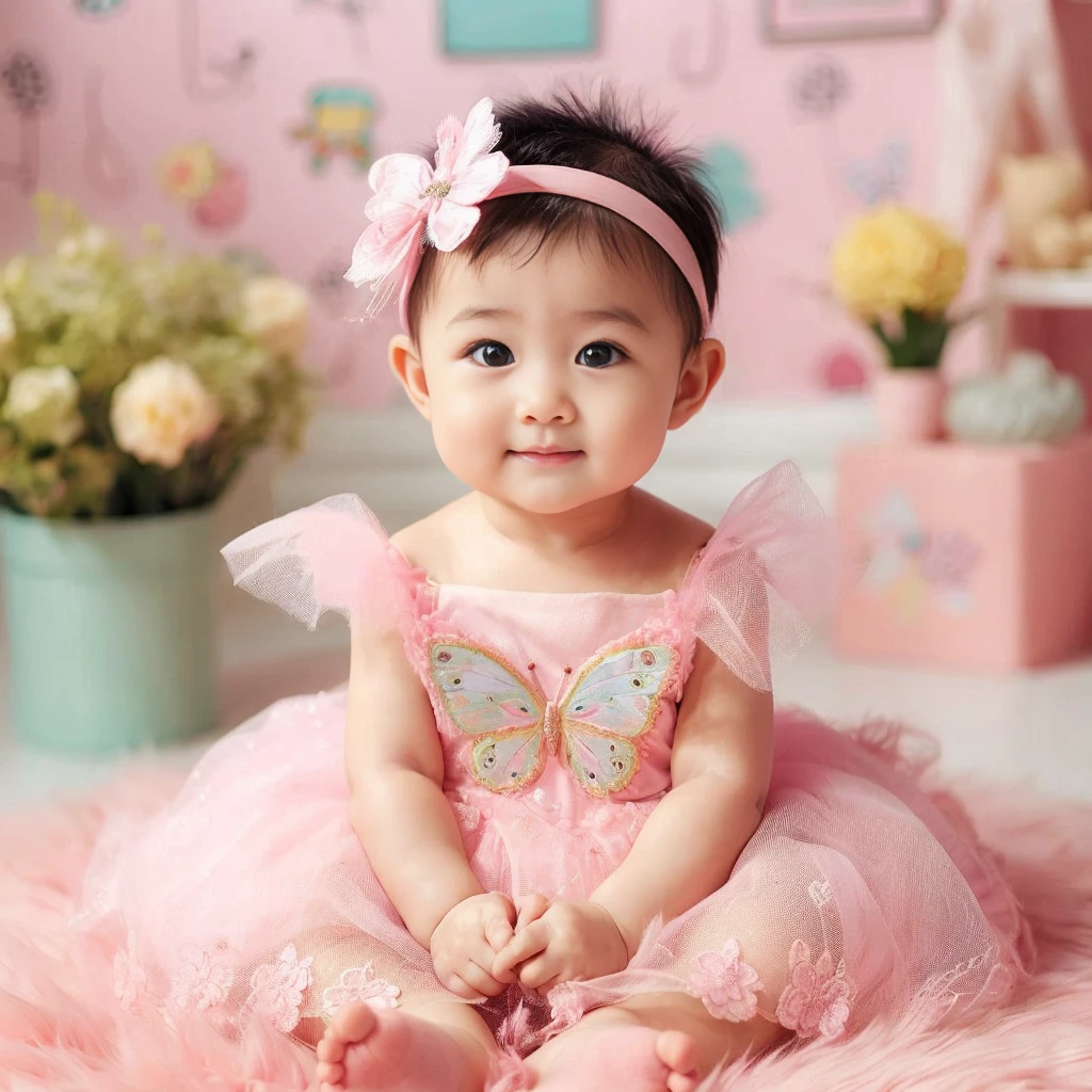 Studio Photography, asian baby girl aged 6 months, short baby hair, wearing cute butterfly head band and pink dress with butterfly wings, sits on pink fur rugs, set in a studio with pink doodle cute patterned walls, baby photo pose, green flower vases, baby toys, fresh color, 8k, photography, UHD.