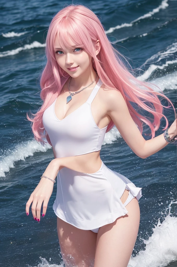 (8k high quality), (2d high quality), (high anime quality), (beautiful girl), (beautiful face), (shining pink hair), (beautiful blue eyes), (beautiful wristwatch), (beautiful silver necklace with heart pendant), (shining smooth skin), (grinning face), (looking up), (top shot), (beautiful white uniform), (close ), (natural hand)