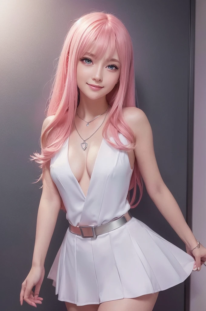 (8k high quality), (2d high quality), (high anime quality), (beautiful girl), (beautiful face), (shining pink hair), (beautiful blue eyes), (beautiful wristwatch), (beautiful silver necklace with heart pendant), (shining smooth skin), (grinning face), (looking up), (top shot), (beautiful white uniform), (close ), (natural hand)