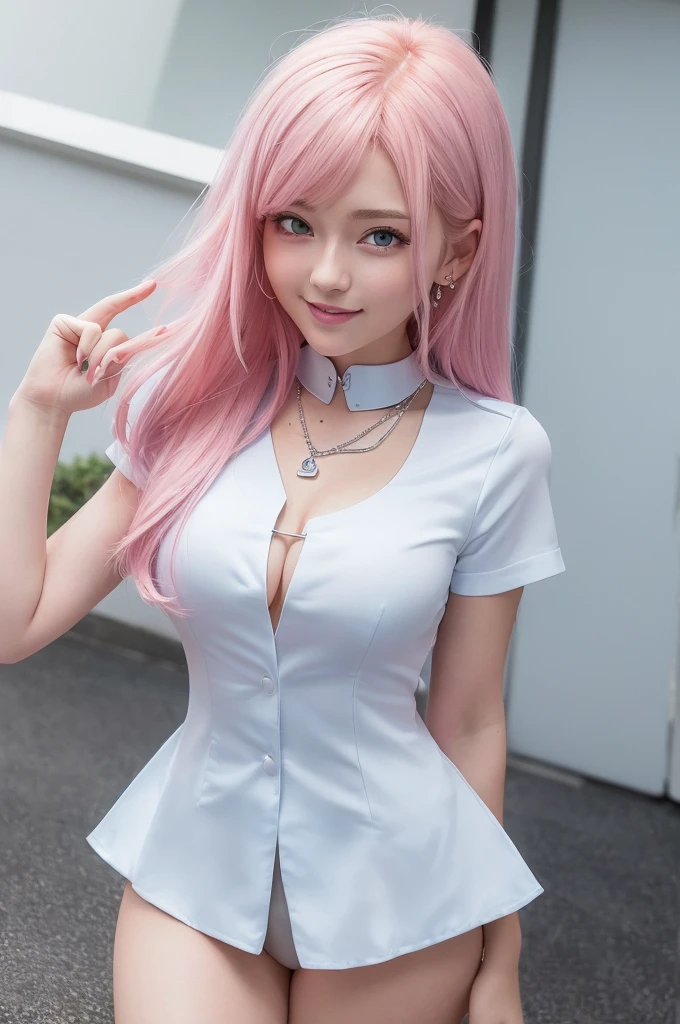 (8k high quality), (2d high quality), (high anime quality), (beautiful girl), (beautiful face), (shining pink hair), (beautiful blue eyes), (beautiful wristwatch), (beautiful silver necklace with heart pendant), (shining smooth skin), (grinning face), (looking up), (top shot), (beautiful white uniform), (close chest), (natural hand)