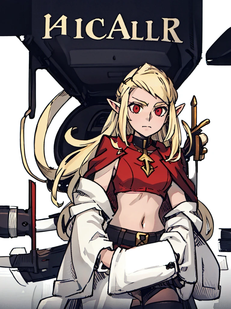 In ruins，Holding a red book，Elf girl 10 years old，Blonde hair，White Cape，cute
